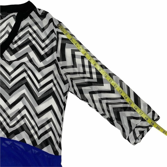 I.n. San Francisco Black & White Chevron Royal Blue Half-Button V-Neck Blouse - Picture 8 of 12